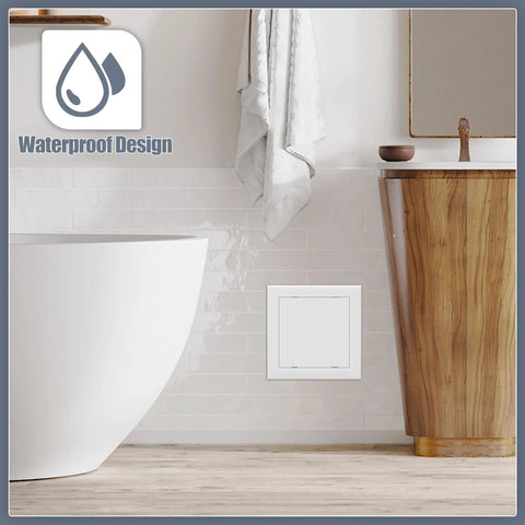 Heavy Duty Self Adhesive Access Panel 8X8 Drywall Hole Cover For Plumbing Pipes And Ceilings Peel And Stick in modern bathroom setting.