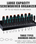 Beefy 32 Hole Screwdriver Organizer Wall Mount Rack Heavy Duty Metal Tool Holder holds various sized screwdrivers.