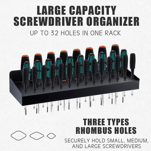Beefy 32 Hole Screwdriver Organizer Wall Mount Rack Heavy Duty Metal Tool Holder holds various sized screwdrivers.