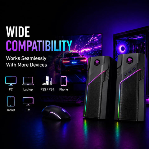 RGB Gaming Speakers For PC Desktop With 21 Lighting Modes, Bluetooth Ready beside gaming setup and peripherals