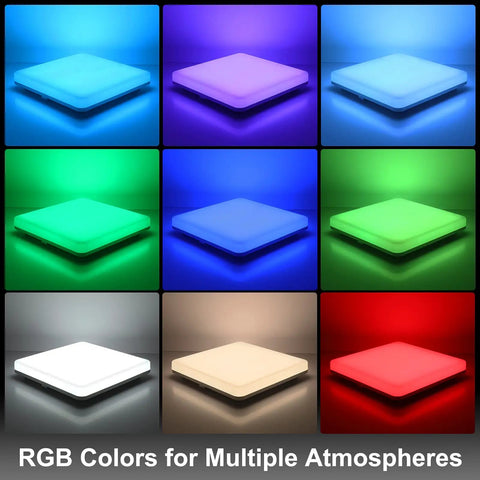 RGB Ceiling Light With Remote Control 13 Inch 36W Dimmable Flush Mount Fixture showcasing different color settings