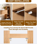 Installation guide for 50 Pack Heavy Duty Cabinet Shelf Pin Brackets with tools, screws, and wood planks for easy setup.