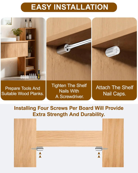 Installation guide for 50 Pack Heavy Duty Cabinet Shelf Pin Brackets with tools, screws, and wood planks for easy setup.