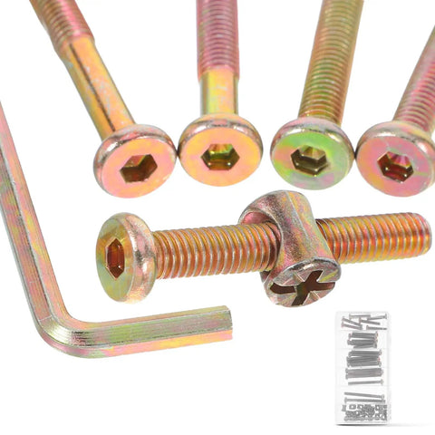 Close-up of 49 Piece M6 X 40-80mm Hex Socket Cap Screws and Barrel Nut Set for Furniture Repair displayed on white surface.