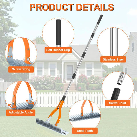 Thatch Rake Pro 19 Curved Steel Tines 15 Inch Lawn Dethatching Rake With Ergonomic Handle product features diagram