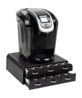 Black 72 Pod Coffee Drawer Organizer With Two Tier Storage For Single Serve Pods and coffee machine on top