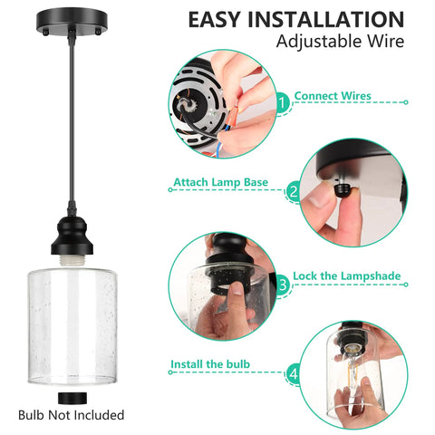 3 Pack Industrial Pendant Lights With Seeded Glass Shades, Black Farmhouse Ceiling Lighting for easy installation steps