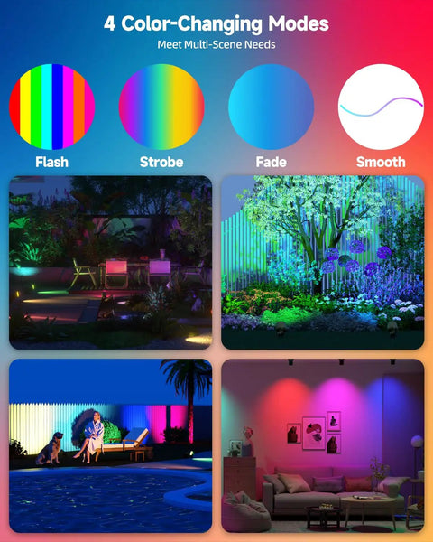 MR16 LED Color Changing Bulbs 4W 12V Gu5.3 Bi Pin Landscape Lighting Kit with 15 color options and remote for multiple scenes.