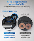 T80 Omni Robot Vacuum And Mop With Instant Self Cleaning OZMO Roller Mop showcasing self-washing roller technology next to conventional model.