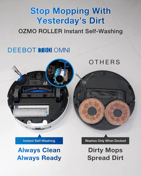 T80 Omni Robot Vacuum And Mop With Instant Self Cleaning OZMO Roller Mop showcasing self-washing roller technology next to conventional model.