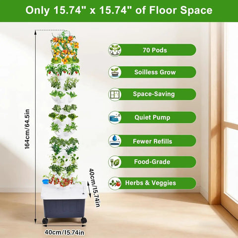 14 Layer Vertical Hydroponic Garden System Kit With 70 Slots And A 20L Water Tank And Pump indoors with growth features shown