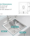 Diagram and photo of Undermount 18 Inch Bar And Prep Sink With Single Bowl, 18 Gauge T304 Stainless Steel, Quiet Sound Dampening, Rust And Corrosion Resistant Kitchen Sink With Strainer, Handmade Small Kitchen Sink For Bar Or Prep Areas, showcasing dimensions and design.