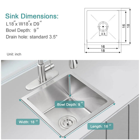 Diagram and photo of Undermount 18 Inch Bar And Prep Sink With Single Bowl, 18 Gauge T304 Stainless Steel, Quiet Sound Dampening, Rust And Corrosion Resistant Kitchen Sink With Strainer, Handmade Small Kitchen Sink For Bar Or Prep Areas, showcasing dimensions and design.