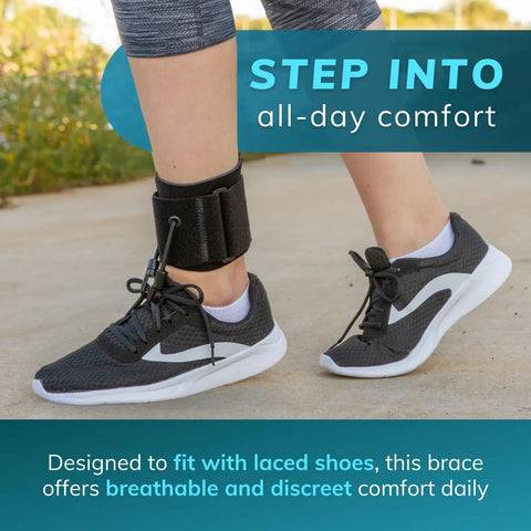 Foot Drop Brace With Dorsiflexion Support For Men And Women on ankle, fits lace-up shoes, toe lifter aid for mobility.