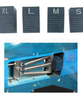 Slick Floating Tremolo Setup Blocks And Hella Smooth Sliders For Floyd Rose Electric Guitars With No Sweat Intonation Shims, metal shims XL, L, M, S sizes arranged with blue guitar back.
