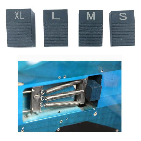 Slick Floating Tremolo Setup Blocks And Hella Smooth Sliders For Floyd Rose Electric Guitars With No Sweat Intonation Shims, metal shims XL, L, M, S sizes arranged with blue guitar back.