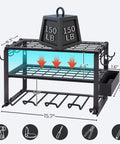 Space Saving 3 Tier Power Tool Organizer Wall Mount with 150 lb weight, dimensions labeled, showing metal structure and features.