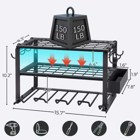 Space Saving 3 Tier Power Tool Organizer Wall Mount with 150 lb weight, dimensions labeled, showing metal structure and features.