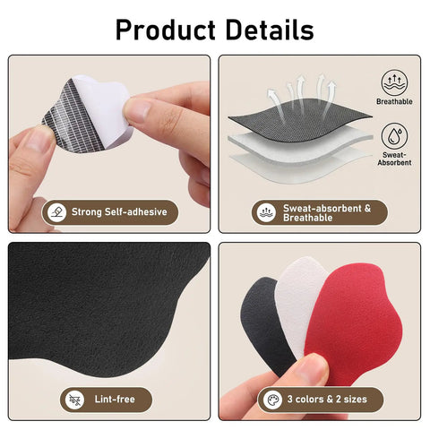 12 Piece Self Adhesive Inside Heel Pad For Shoe Heel Repair Patches Microfiber Leather Quick Fix For Sneaker Holes And Mesh Shoes Comfort Cushion Breathable Sweat Absorbing 3 Color Options shown in detail with self-adhesive and breathable layers