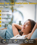 Woman relaxing comfortably with text about smooth operation and benefits of Condenser Fan Motor Replacement One Fifth HP 1100 RPM 208V 230V