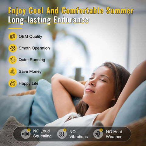Woman relaxing comfortably with text about smooth operation and benefits of Condenser Fan Motor Replacement One Fifth HP 1100 RPM 208V 230V