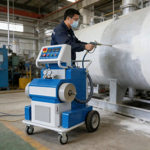 Top Tier Portable Polyurea And Polyurethane Spraying Machine For Efficient PU Foam Insulation Coating in use, wheeled and compact.