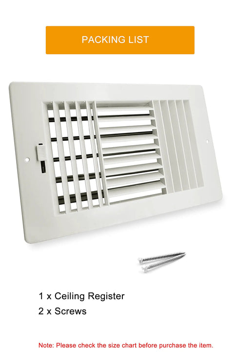 Three Way Plastic Ceiling And Wall Air Vent With Manual Adjuster for ductwork, shown with 10x6 inch opening and screws