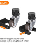 Four Pack Wheel Stopper Cups For Furniture Rubber Non Slip Caster Stops, shown with wheels and instructions, black, 67 x 59 x 20mm