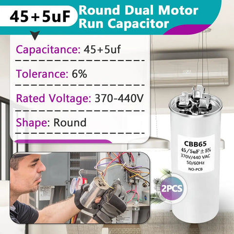 Two Pack 45 Plus 5 MFD Round Dual Motor Run Capacitors 440/370V for Air Conditioners; electrician installs capacitor