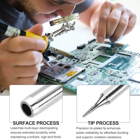 Man using Pack Of 10 900M Internally Heated Solder Tips For Electrical Solder Stations With Cleaning Sponge Pad Pro Grade Replacement Welding Accessories Kit 900M-T-1C Copper Tips With Magnetic Coating And Fast Heat Transfer on circuit board