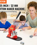 Children and parent using Button Maker Kit For Diy Projects 32 Mm Press Machine With 500 Button Parts at a table.