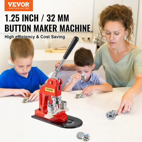 Children and parent using Button Maker Kit For Diy Projects 32 Mm Press Machine With 500 Button Parts at a table.