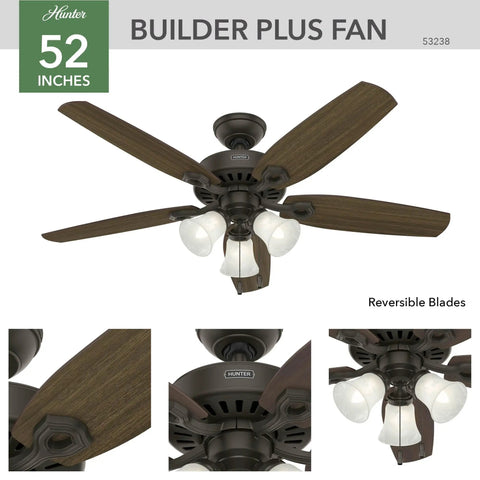 52 Inch Bronze Indoor Ceiling Fan With LED Lights And Pull Chain, 5 Blades, Standard Mount, No Remote, Ideal For Bedroom Or Living Room