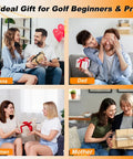 Collage of people exchanging gifts labeled 'Ideal Gift for Golf Beginners & Pros': Teens, Dad, Women, Mother.