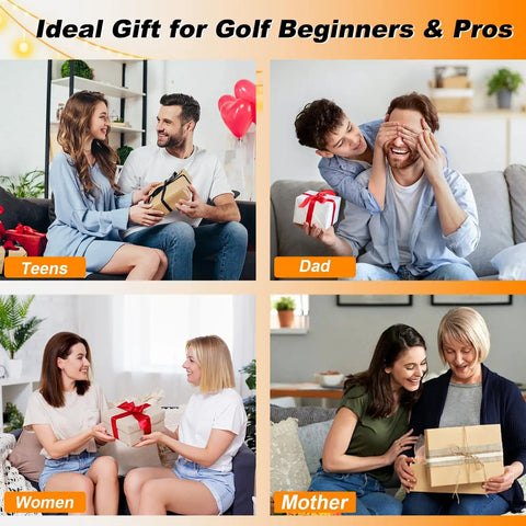 Collage of people exchanging gifts labeled 'Ideal Gift for Golf Beginners & Pros': Teens, Dad, Women, Mother.