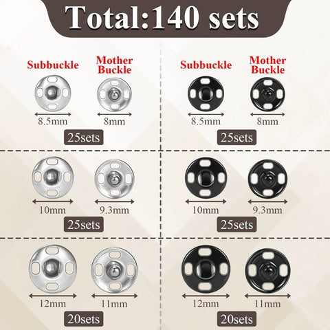 Easy Sew On Snap Buttons for Clothing and Accessories 8mm 10mm 12mm Metal Fasteners Press Studs diagram with sizes