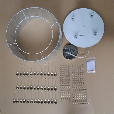 Raindrop Crystal Drum Chandelier With Fabric Shade, parts including K9 crystal, fabric shade, adjustable chain, assembly view.