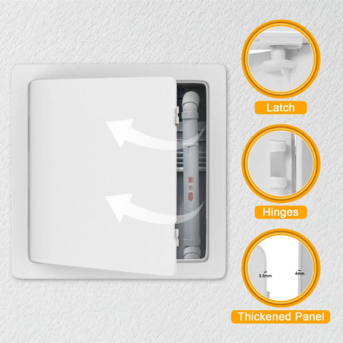 Heavy Grade 6X6 Inch Drywall Access Panel With Concealed Hinge System For No Sweat Ceiling Repair Quick Plumbing Hookup Plus Legit Diy Friendly Installation showing open panel revealing plumbing access.