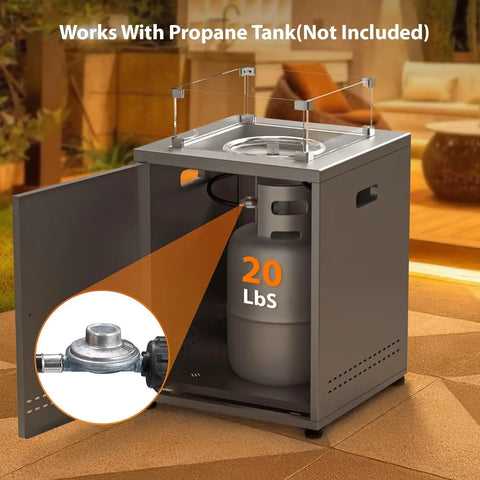 Smokeless Propane Fire Pit Table With 50000 BTU 20 Inch Square Portable Outdoor Patio Heater Lava Rocks Glass Wind Guard And Cover Grey interior view showing propane tank storage