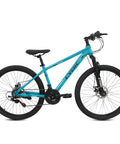 26 Inch Mountain Bike With 21 Speed Drivetrain Dual Disc Brakes And Front Suspension Fork. Blue MTB with comfort saddle and steel frame.