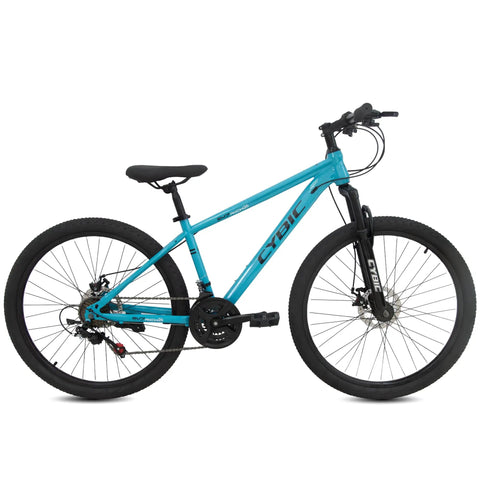 26 Inch Mountain Bike With 21 Speed Drivetrain Dual Disc Brakes And Front Suspension Fork. Blue MTB with comfort saddle and steel frame.