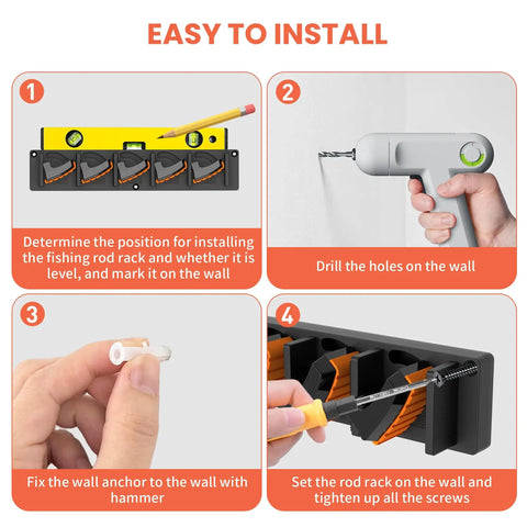 Installation steps for Six Pack Wall Mounted Fishing Rod Holder Rack With Dual Anti Slip Pads Holds Up To Five Rods Per Clamp