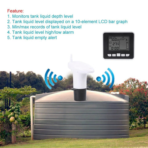 Ultrasonic Water Level Sensor With Digital Temperature Display Indoor Depth Monitor For Home Aquariums All In One Tank Measurement Tool That Tracks Liquid Level And Temperature In Real Time next to a large outdoor water tank, showcasing features like tank monitoring and LCD display.