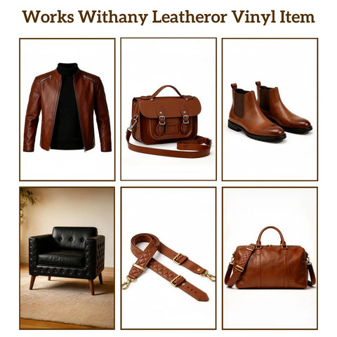 Collage showing leather jacket, bag, boots, chair, straps, and duffle bag relevant to Leather Repair Kit For Vinyl And Leather Quick Drying Filler With Easy Color Matching For Tan Walnut Chocolate And More Fix Scratches Tears And Pet Damage On Furniture Car Seats And Jackets For A Smooth Seamless Finish