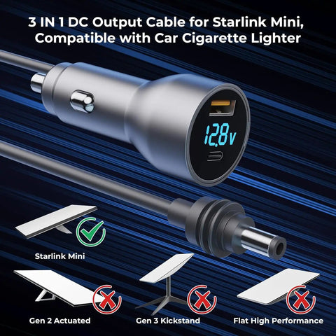 Highway Hero Three In One Car Power Cable For Starlink Mini showing DC output, USB ports, and voltage display.