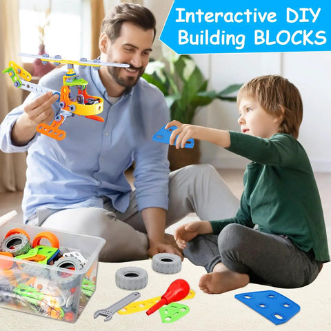 Father and child playing with Totally Fun 10 In 1 STEM Building Set For Kids Ages 4 To 8 A 167 Piece Creative Engineering Kit.