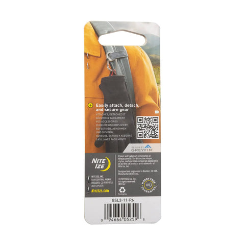 Packaging of G Series SlideLock Three Dual Chamber Carabiner for Keychains showcasing attachment use on a backpack.