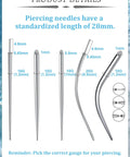 Threadless Piercing Tapers And Changing Tools Gear For 20G 16G 18G Insertion showing needle sizes and dimensions chart.