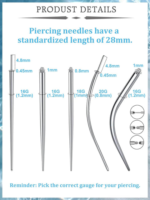 Threadless Piercing Tapers And Changing Tools Gear For 20G 16G 18G Insertion showing needle sizes and dimensions chart.