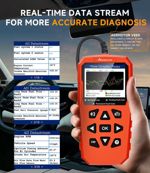 Person holding Pro Grade Car Diagnostic Tool with Live Data and Freeze Frame All in One OBD II Scan Tool in car interior